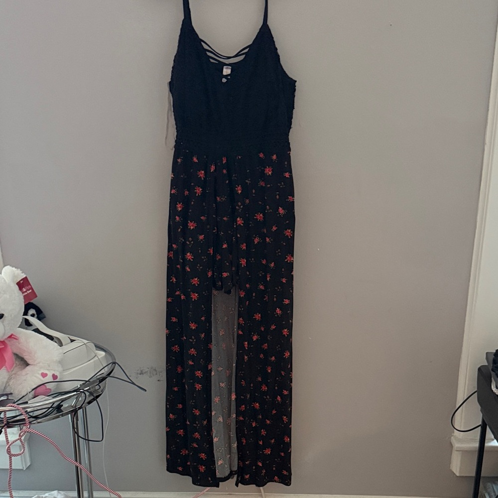 Black and Pink Floral Romper Dress